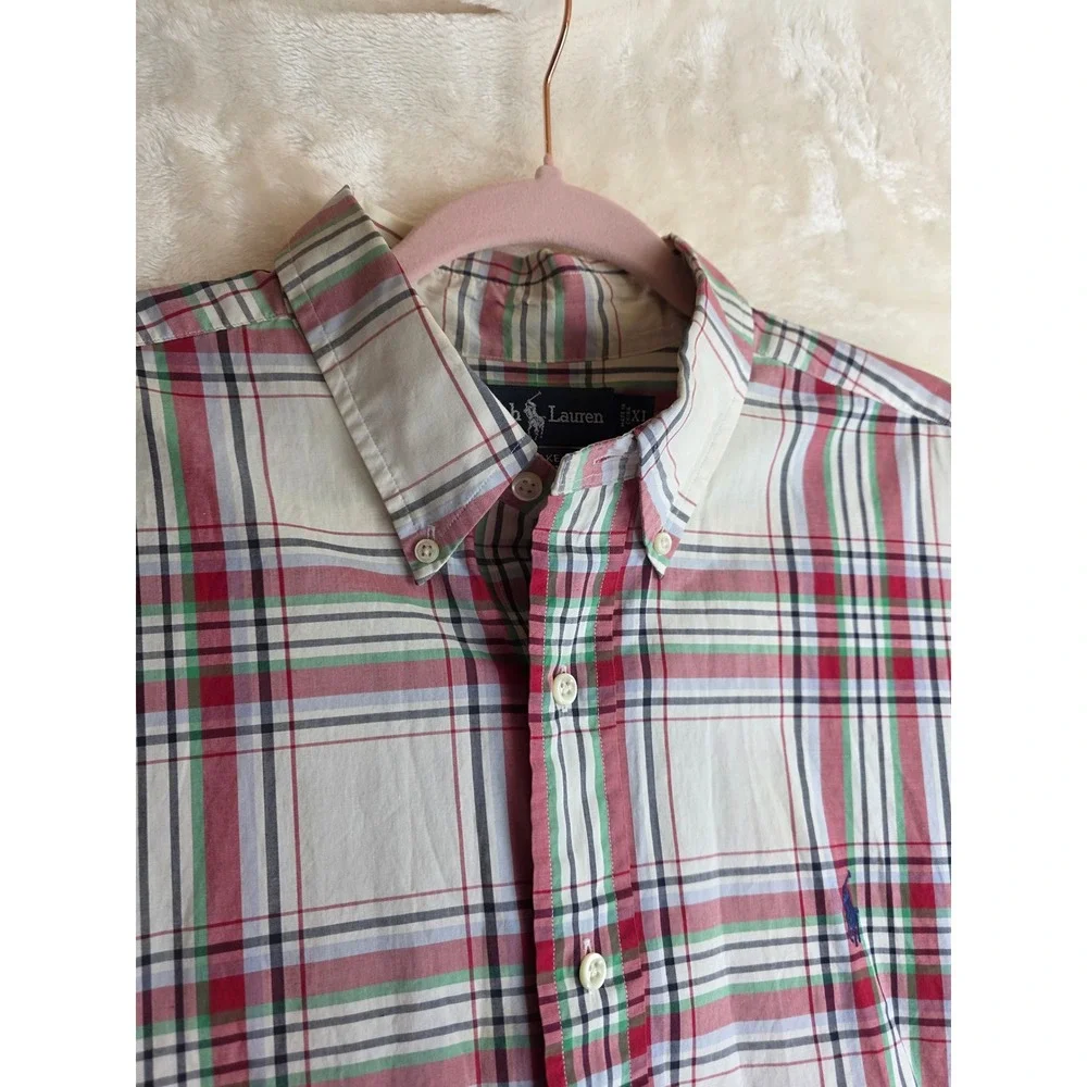 Ralph Lauren Blake Plaid Short Sleeve Button Down‎ Shirt Men XL Cream Red Green